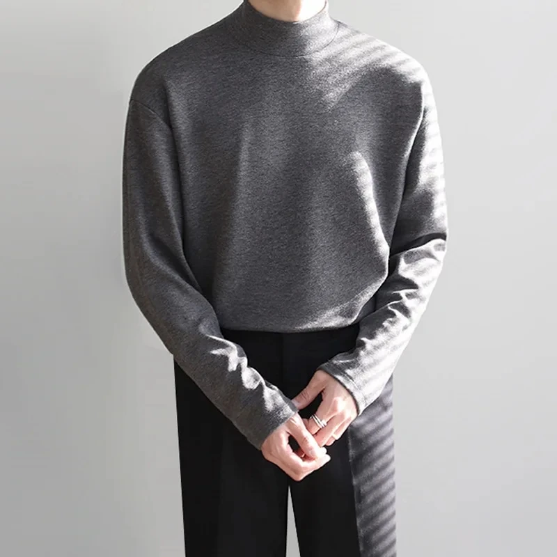 Autumn Winter New Fashion Men's Solid Color Casual Trendy Half High Collar Long Sleeve Loose Undershirts Male Basic Clothes Tops