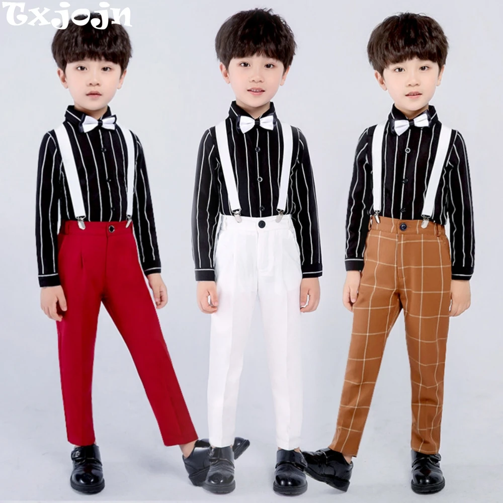 

2026 New Arrival Summer Boys Overalls Sets 4 Pieces Piano Contest Peformance Handsome Kids Jumpsuit Shirt Wedding Guest Clothes