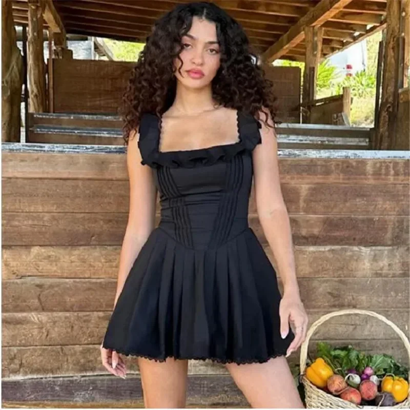 Sweet Hepburn Ballet Black Swan Mini Dress Womens Square Collar A Line Party Dress New Summer Fashion Ruffles Suspender Dress