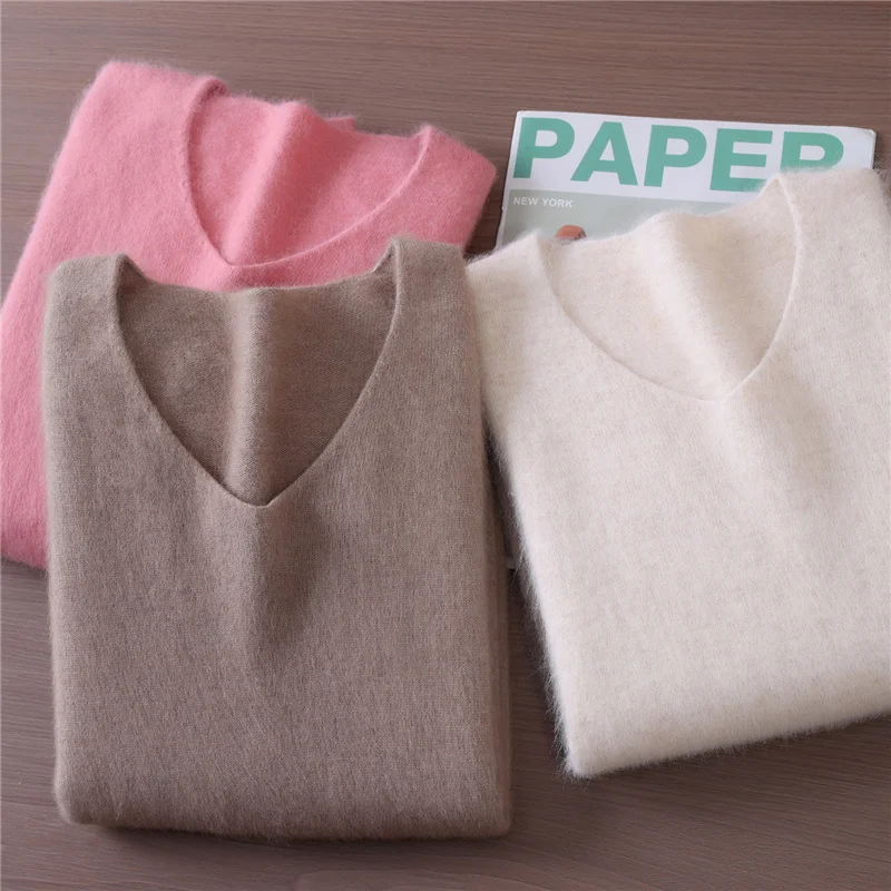 

Осень/зима модный норковый кашемировый женский пуловер с v-образным вырезом нижняя рубашка тонкий вязаный свитер короткий плюс размер