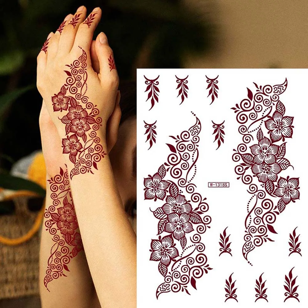 Pegatinas rojas Mehndi, pegatinas de tatuaje de Henna, calcomanías de transferencia de agua, tatuaje falso para mujeres, tatuaje temporal, piernas, brazo, herramienta de boda