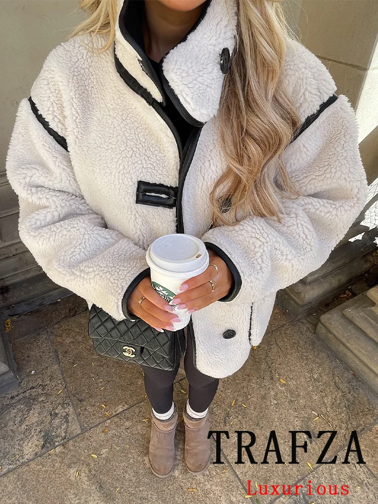 TRAFZA Vintage Casual Chic White Women Jackets Solid Stand Collar Long Sleeve Warm Coat New Fashion 2024 Autumn Winter Outwear