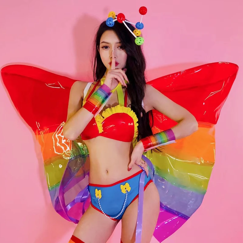 

Rainbow Color Bikini Big Buttfly Back Accessories Female Pole Dance Clothes Gogo Costumes Stage Performance Show Outfit XS4211