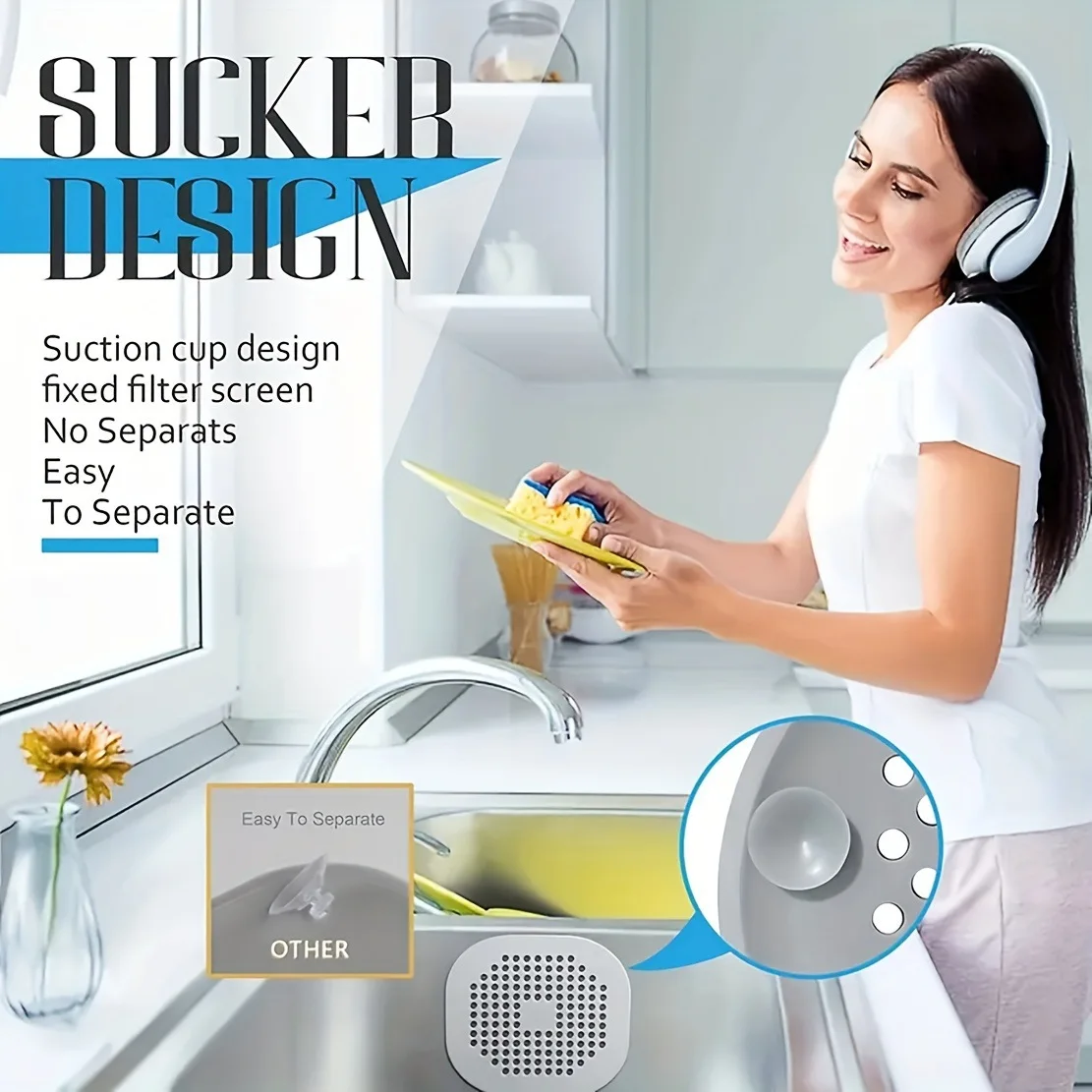 Silicone Drain Hair Catcher Mat With Suction Cups, Shower Sink Strainer Filter, Anti‑Clog Floor Drain Cover for Bathroom Bathtub