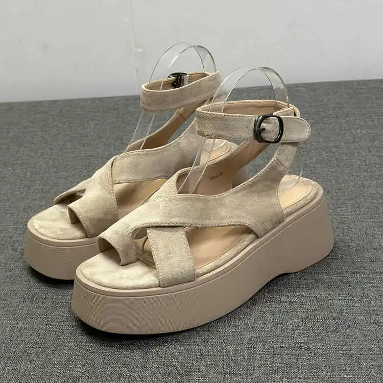 Med Open Toe Cross Fashion Womens Shoes 2024 Clogs With Heel Buckle Wedge Sandals Summer Suit Female Beige Flip Flops Platform M