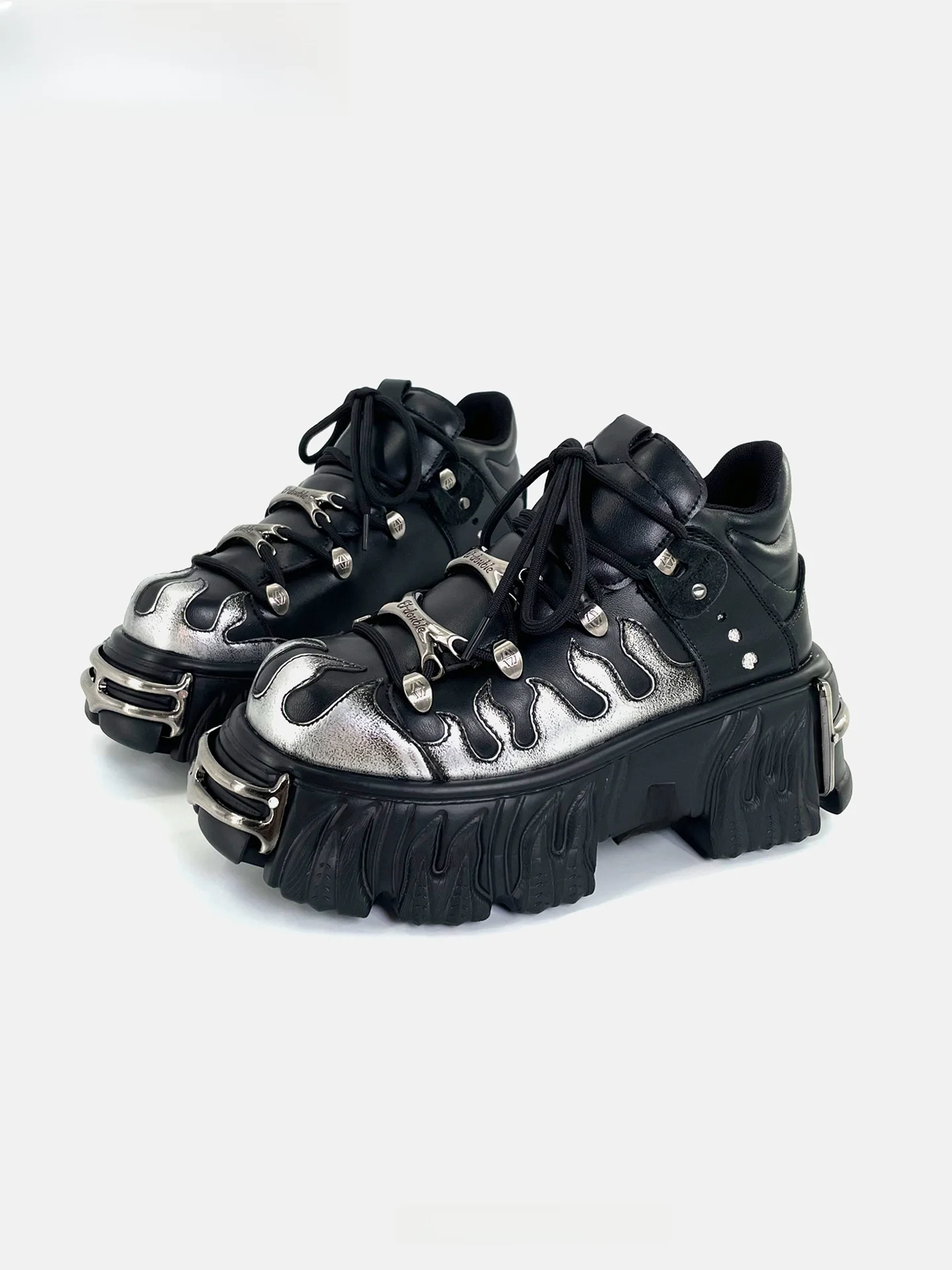 

Gothic Punk Sle Thi Bot High Top oes ex Heightening Single oes Metal Flame Design Cross Bule Strap Platform