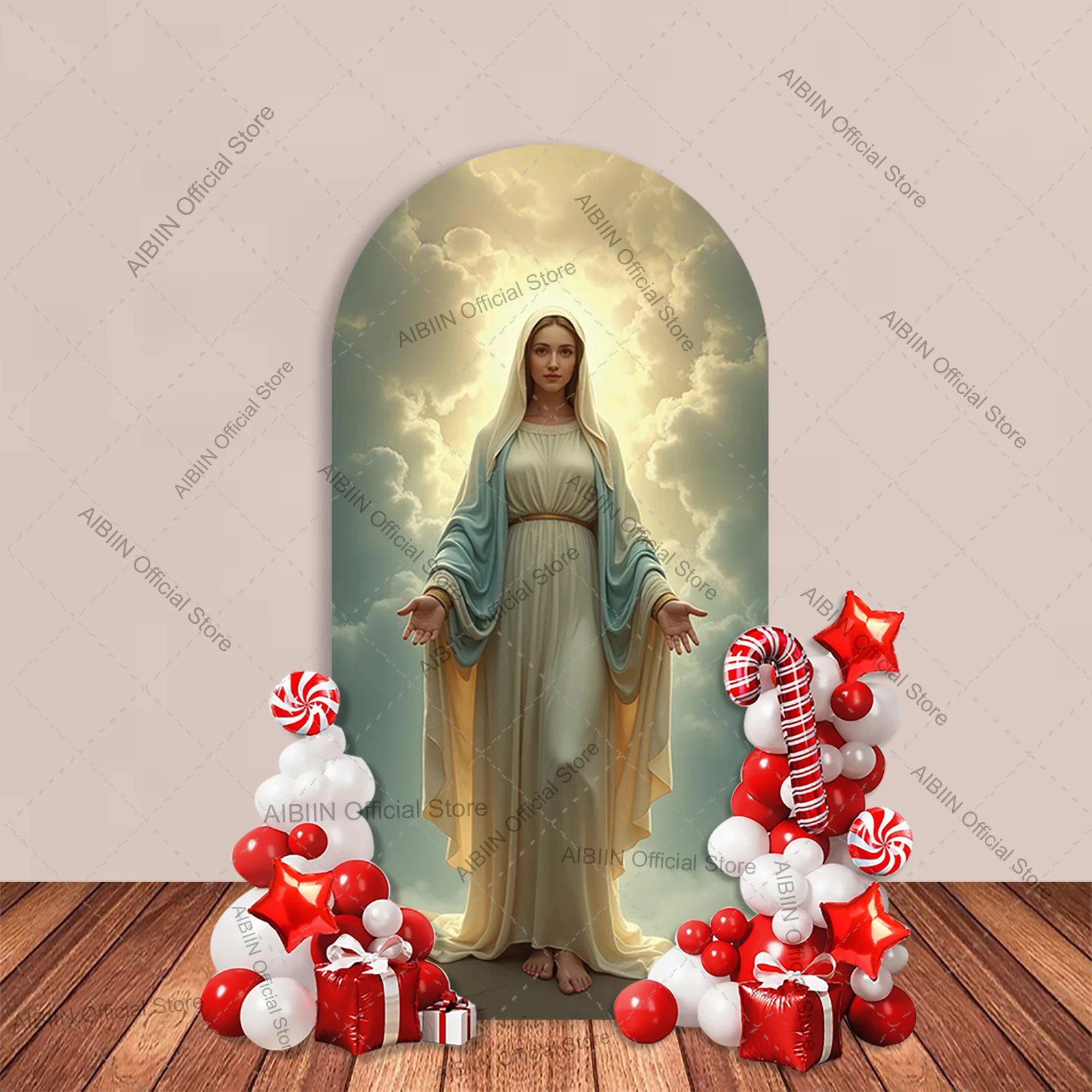 Mother Mary Bless Baptism Arch Backdrop Cover Amen Angel Kids First Holy Communion Baby Shower Party Decor Photo Background view 2