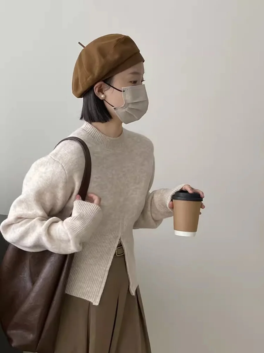 ハイエンドジッパーニットまたはラウンドネックセーター女性のルーズスリミングベースirtトップ2023年秋冬新作sle