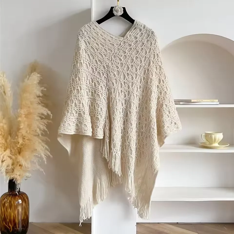 

Осенняя модная женская вязаная шаль с бахромой, женская однотонная накидка, вязаный пуловер, пончо, топы, дизайнерский свитер
