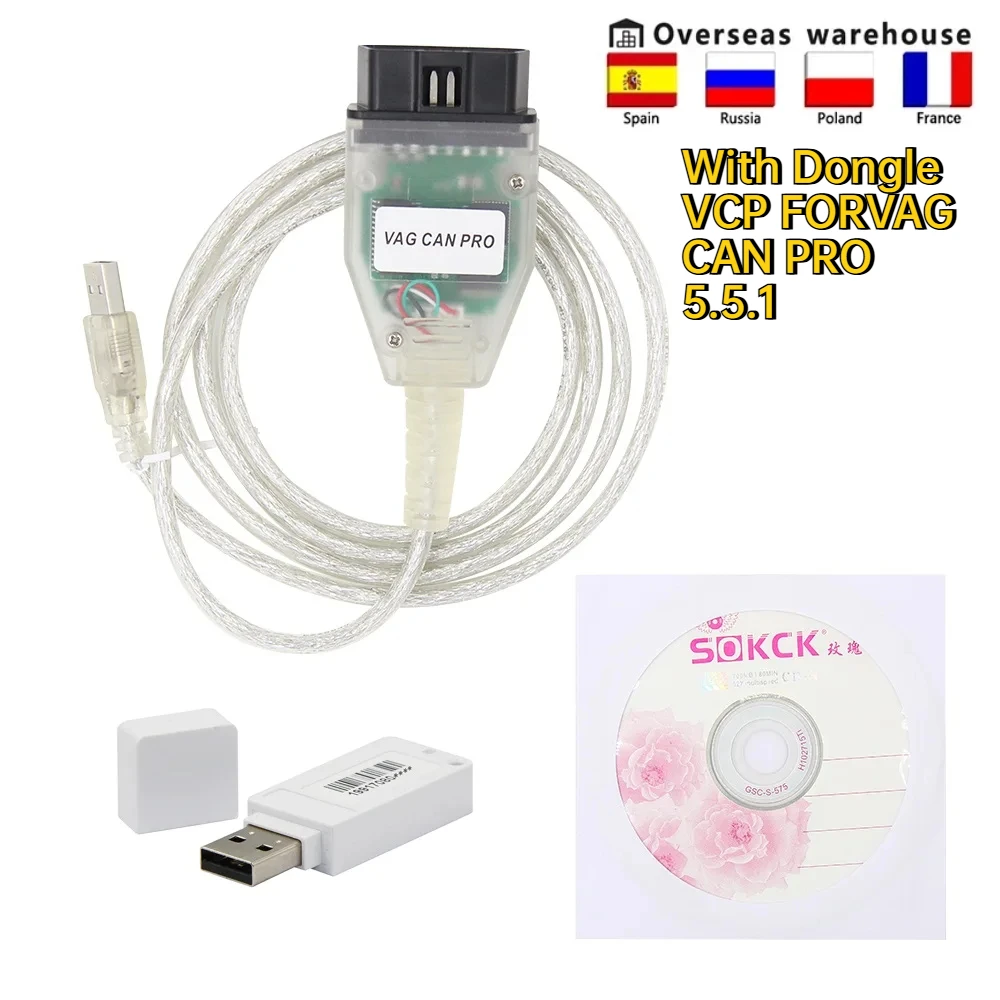 

NEWBest VCP forVAG CAN PRO V5.5.1 with Dongle OBD2 Car Diagnostic Cable Scanner Tool CAN BUS-K-line UDS FT245RL USB Interface