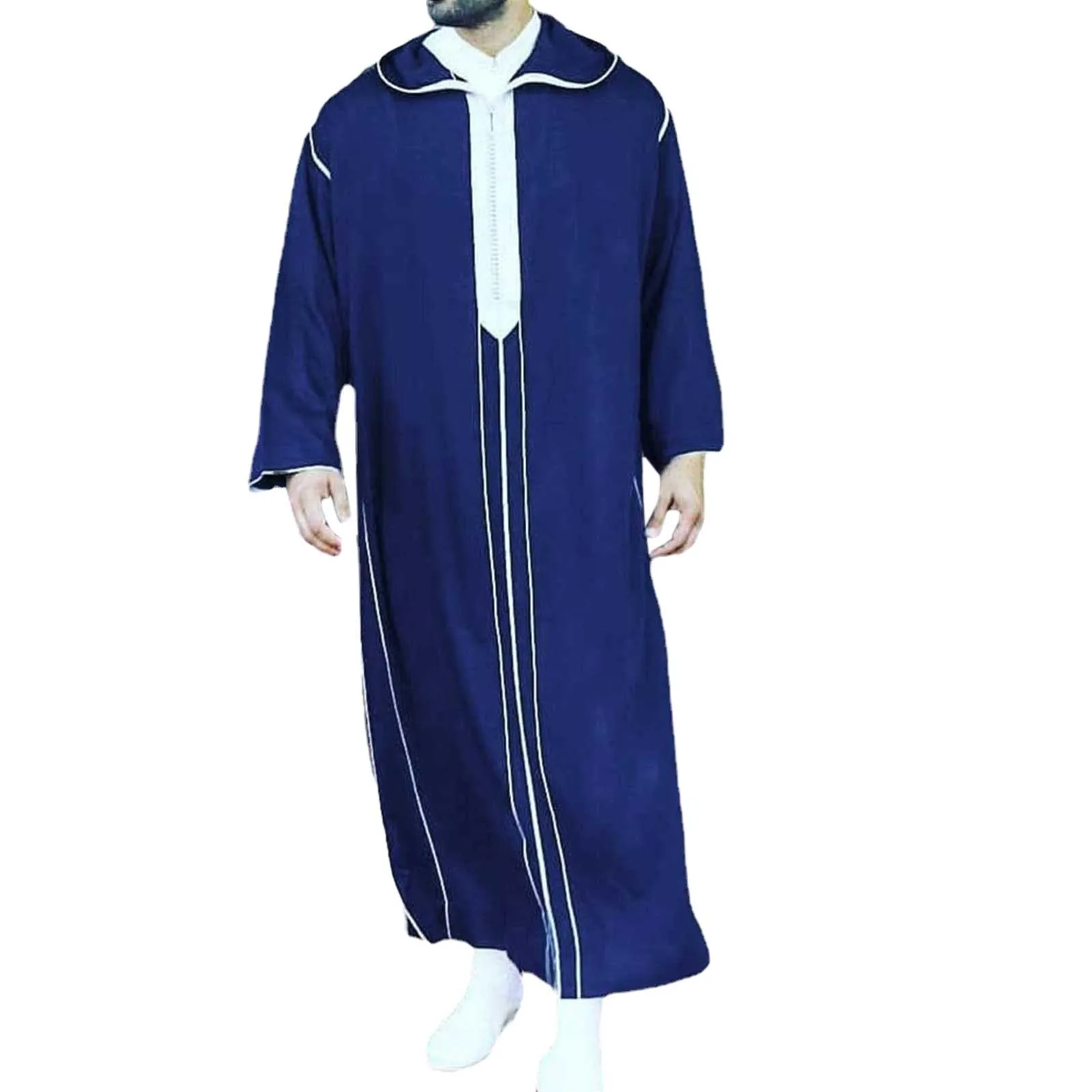 Hooded Men Casual Thin Muslim Robe Spring Autumn Long Sleeve Striped Youth Loose Muslim Robe Muslim Saudi Arabia Jubba Thobe