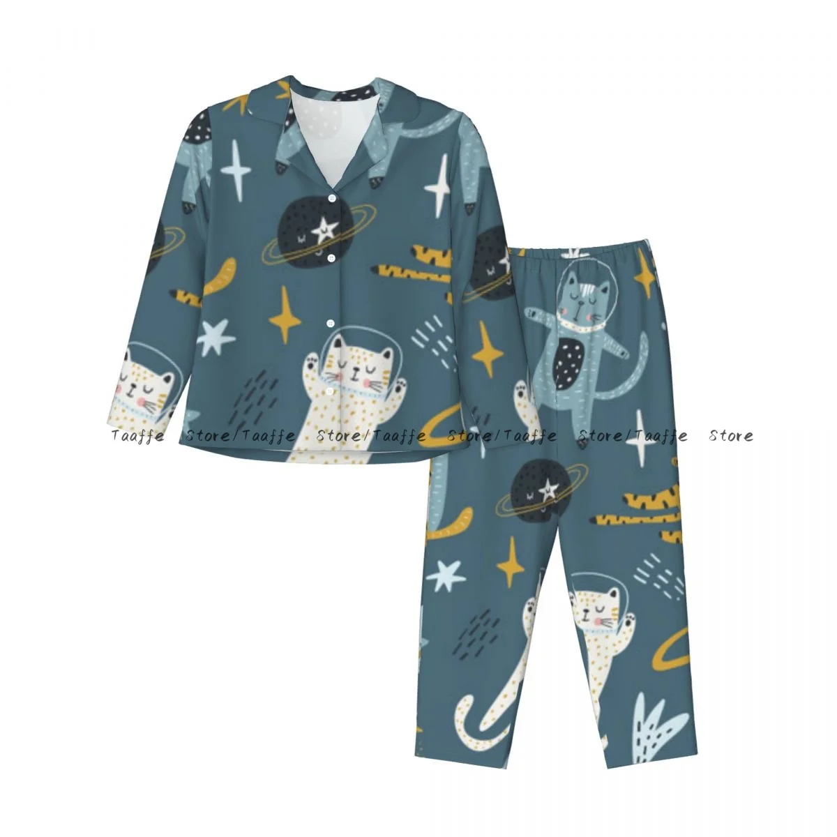 Spring and Autumn Pajama Set Women's Long Sleeve Pants Two Piece Cat Astronauts In Space Home Furnishing Set