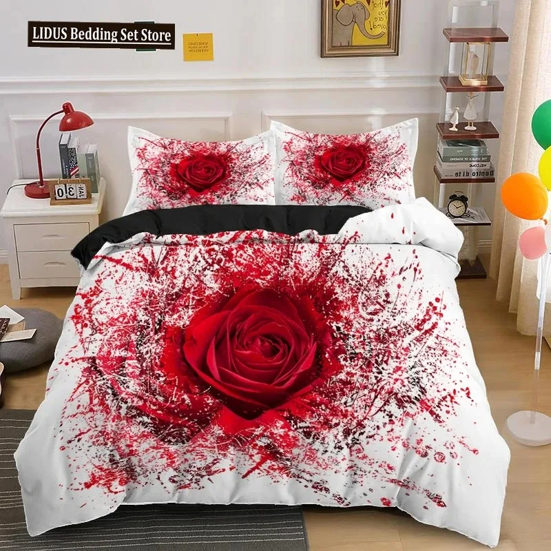 

Rose Duvet Cover Set Red And White Rose Bedding Set For Lover Couple Polyester Comforter Cover Valentine's Day Gift King Size