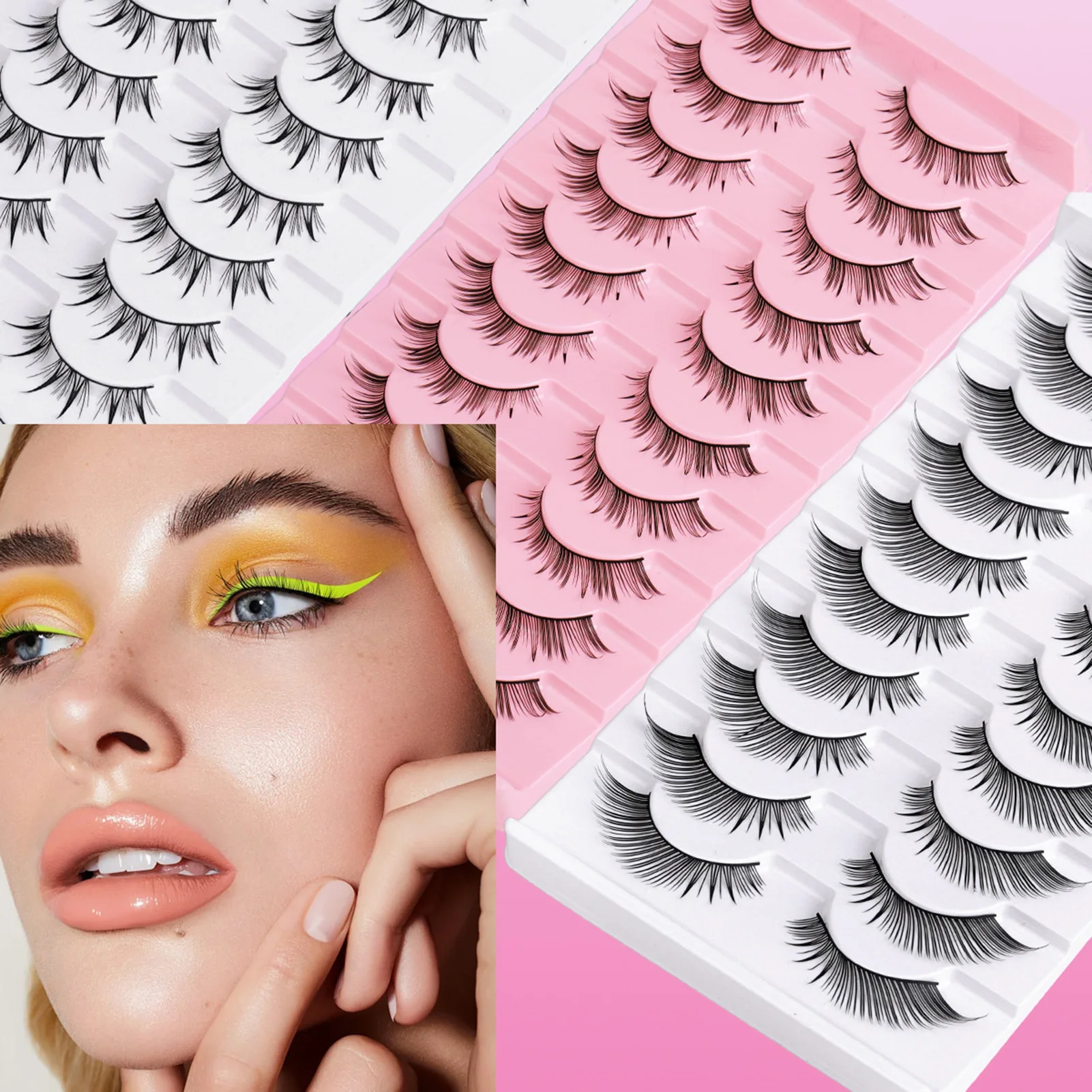 3D Natuurlijke Volume Valse Wimpers Dichte Pluizige 10 Paar Zwarte Vezel Volledige Strip Europese Wimpers Gemengde Lengte voor Toneelmake-up