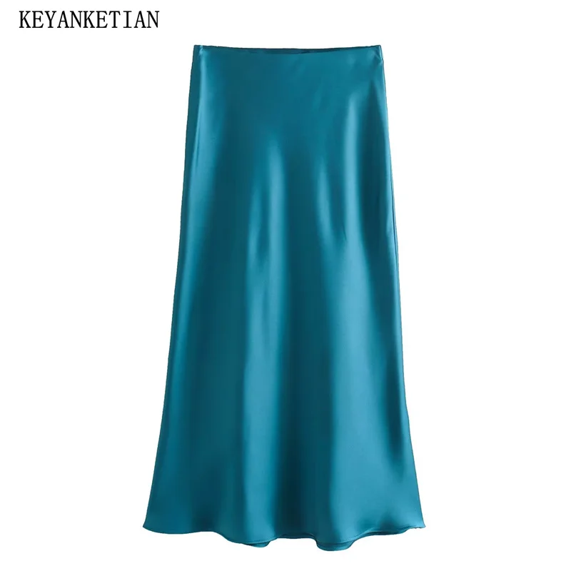 

KEYANKETIAN New Launch Women's Satin Zipper High-Waisted MIDI Skirt Spring clothing Elegant Simply Office Lady Loose Long Skirt