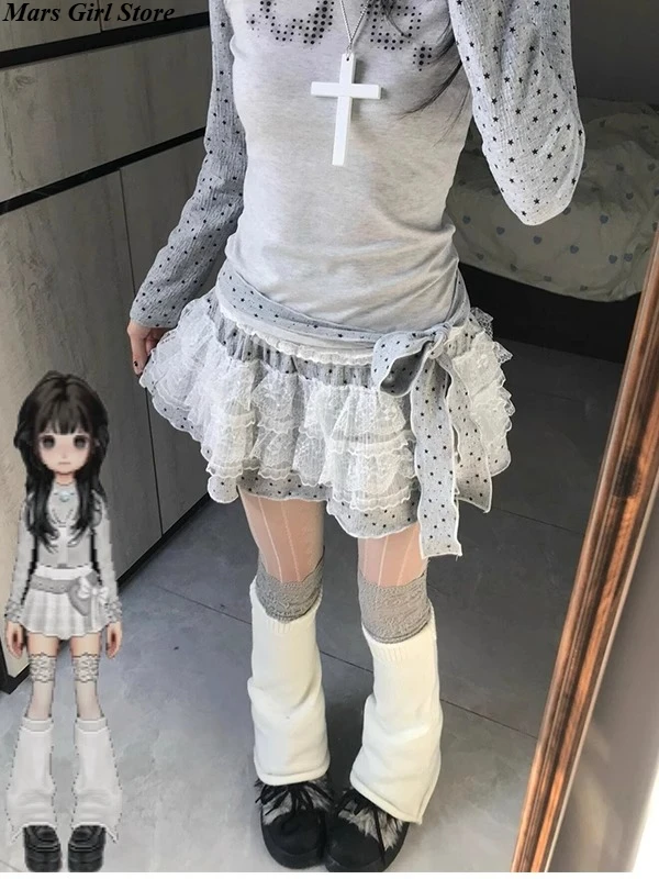 

Y2K American Grunge Style Lace Pleated Mini Skirt Women Summer Gray Ruffle Dot Patchwork Short Skirt Kawaii Subculture Outfit