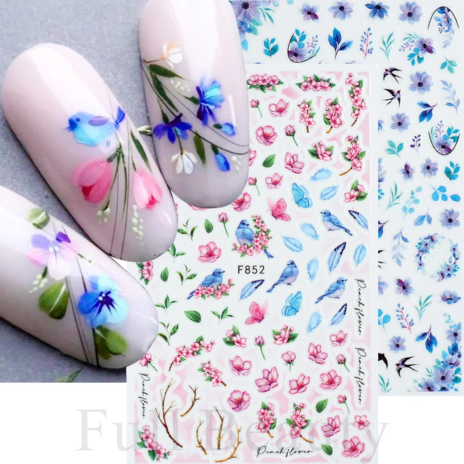 3D Sakura Swallow Stickers On Nail Sun Flower Leaf Bird Cartoon Orchid Sliders Waterpaint Nail Design Manicure SAF844-853