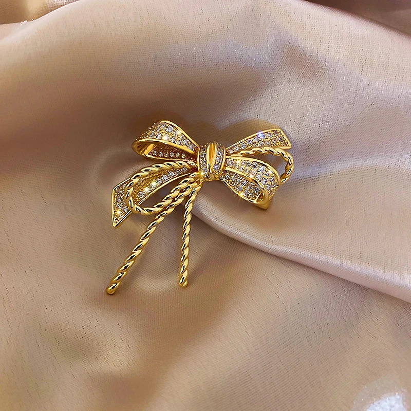 Gold Color Rhinestone Bow Brooches For Women Bowknot Brooch High Quality Broches Gift