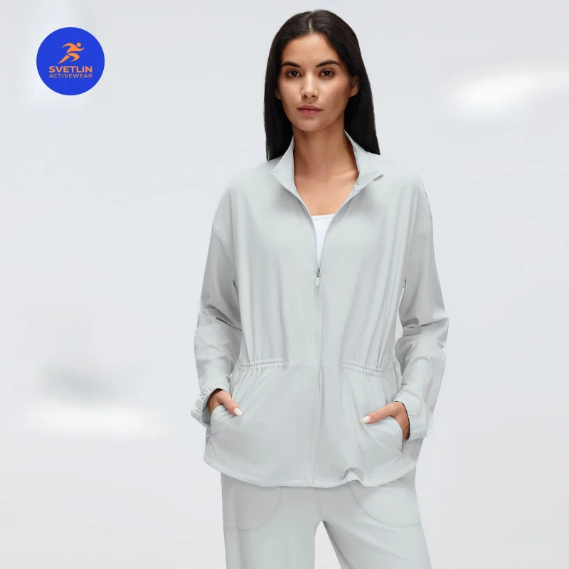 SVETLIN EU US Size Luxury Quality Active Wear Drawstring Waist Stand Collar Jacket Casual Loose Yoga Fitness Jacket Coat