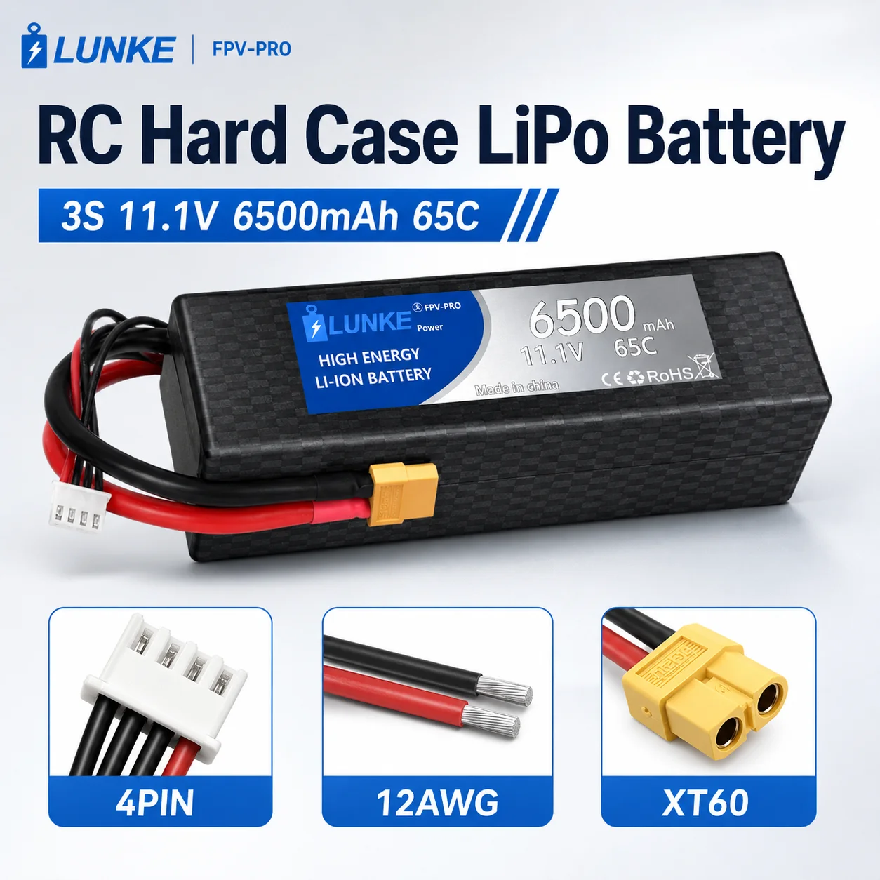 Batterie Lipo en graphène avec étui rigide, pièces AiranaRC, 6500mAh, 2S, 3S, 4S, 7.4V, 11.1V, 14.8V, T Count60 Count90, EC5, 65