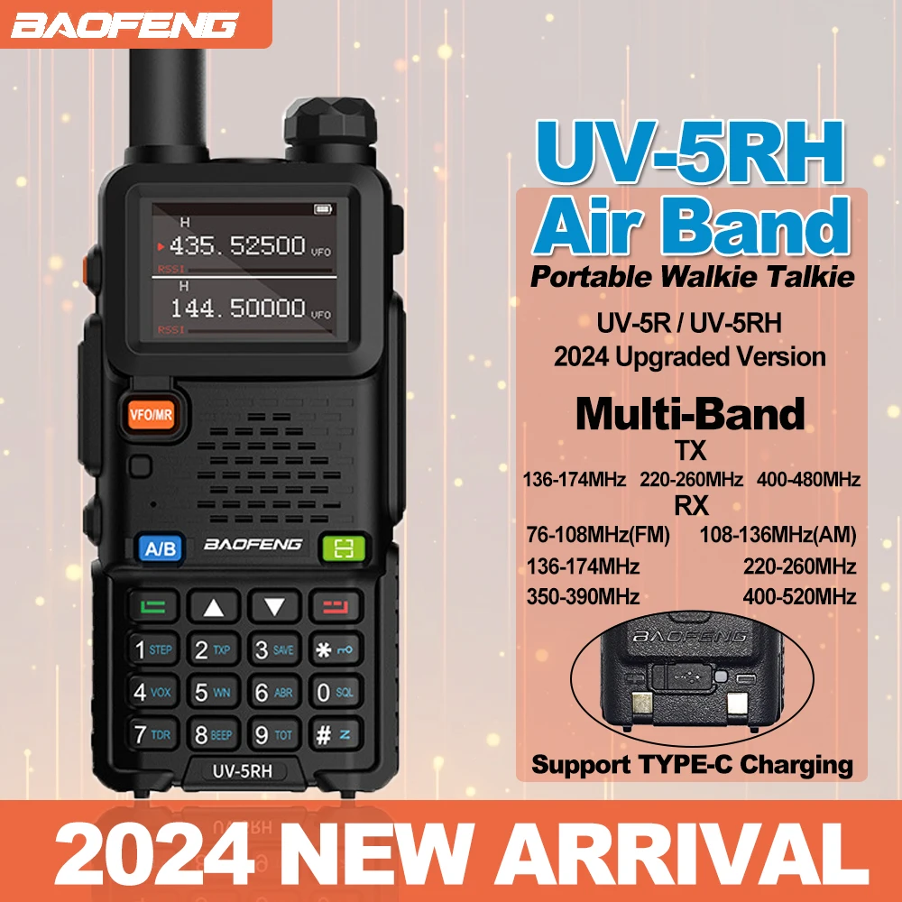 BAOFENG UV-5RH Version Améliorée Air Band Walperforé Talkie 10W 999CH Type-C Chargement Multi-Bande AM FM NOAA Radios Bidirectionnelles BF-UV5RH