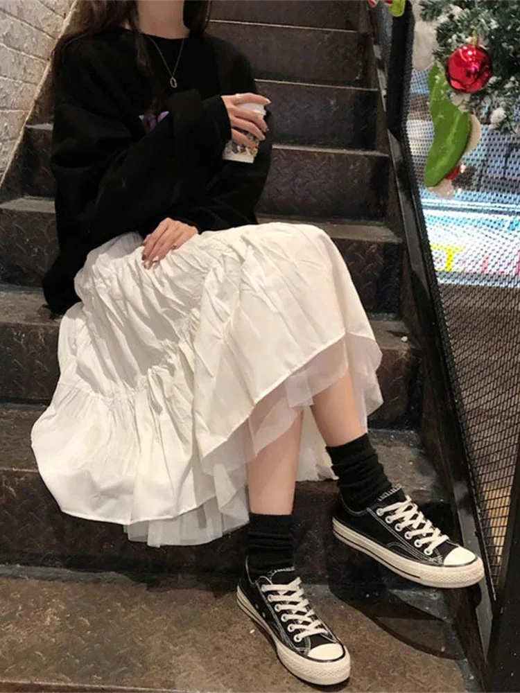 Długie tiulowe spódnice midi damskie jesienne elastyczne, wysokiej talii siatkowe spódnice Tutu plisowane kobiece czarne białe długie spódnice Streetwear
