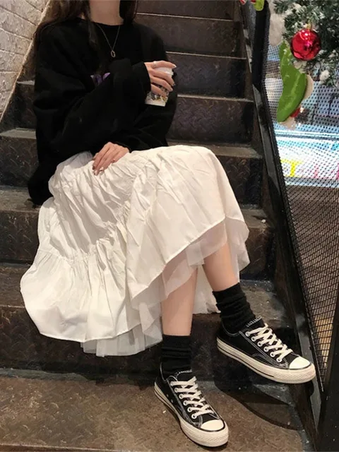 Długie tiulowe spódnice midi damskie jesienne elastyczne, wysokiej talii siatkowe spódnice Tutu plisowane kobiece czarne białe długie spódnice Streetwear