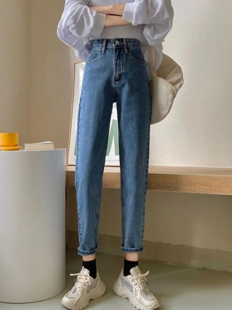 Jmprs-Jeans harém de cintura alta feminino, vintage coreano, calça jeans azul solta, calça feminina, casual, nova primavera