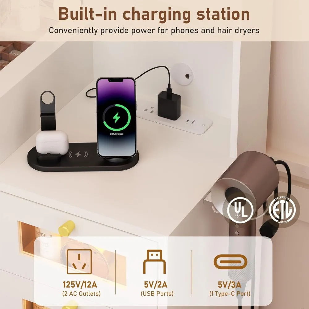 مكتب مكياج كبير مقاس 62 بوصة مزود بمرآة مضيئة وسطح زجاجي ومخرج طاقة وتخزين 8 أدراج