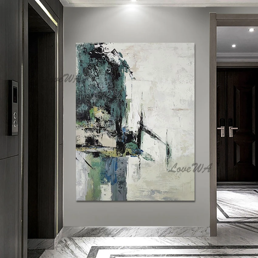 Linen Canvas Abstract Art Picture, Office Artwork, Hotels Decor, White Green Acrylic Texture Wall, Unframed Handmade Painting