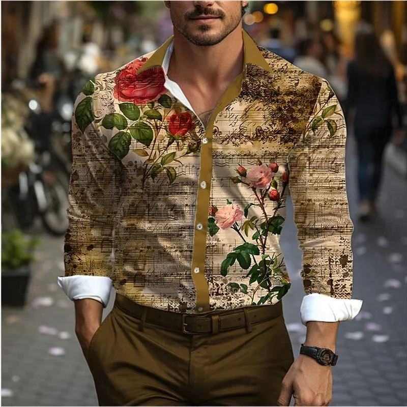 Floral Men\'s Vacation Hawaiian Shirt Street Fake Daily Wear Spring and Summer Cuffed Long Sleeve Shirt Fashion Button Design