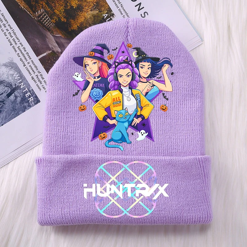 

Новые вязаные шапки K Pop Demon Huntersd, шапка с принтом мультфильмов на Хэллоуин для мальчиков и девочек, теплая шапка, зимние аксессуары для детей, подарки для детей