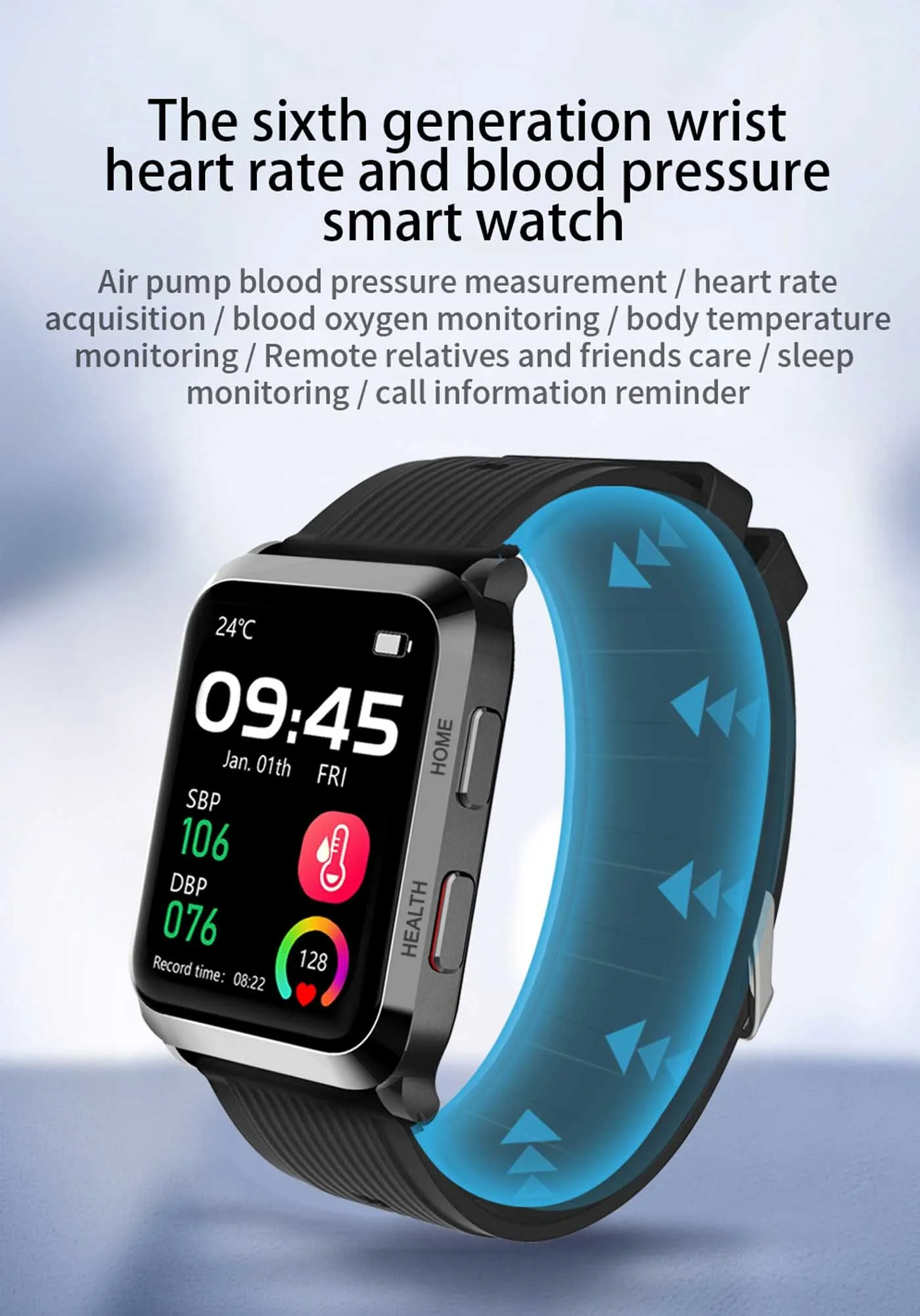 new arrivals Air pump blood pressure Smart Bluetooth Android IOS Heart Rate Watch Waterproof Smart Watch