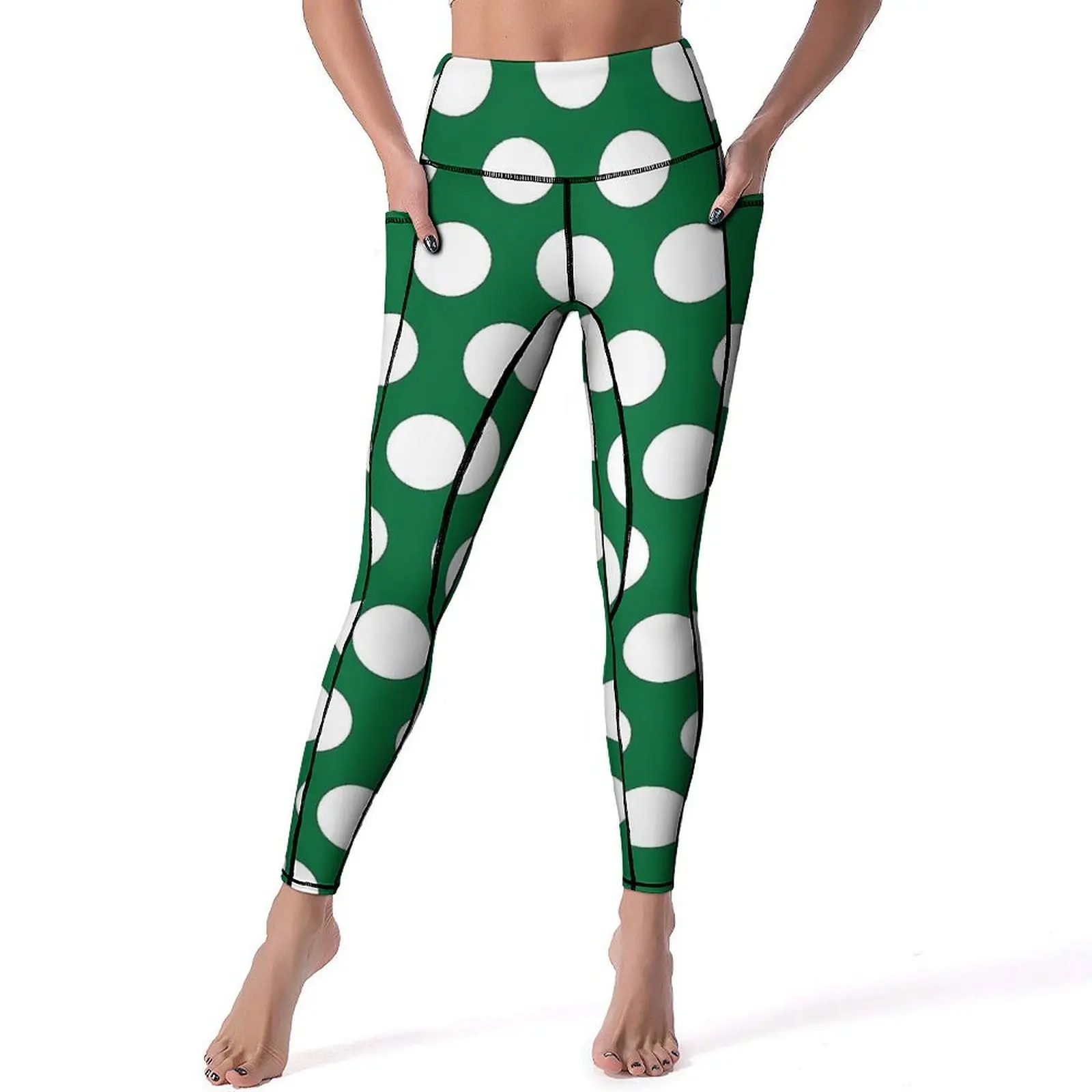 Polka dots verde e branco leggings sexy treino ginásio yoga calças de cintura alta estiramento esporte legging com bolsos leggins personalizados