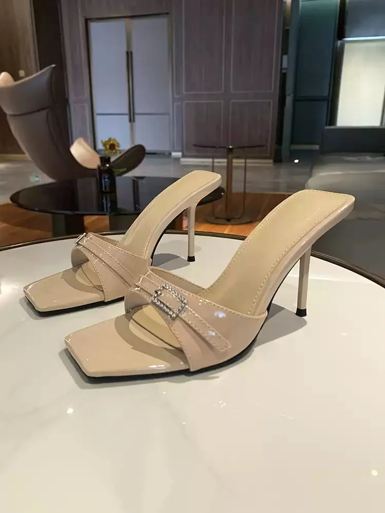 Women's Patent Leather Square Toe Heeled Mules Rhinestone Buckle Stiletto Slide Sandals Minimalist Slip-On Open Toe Footwear
