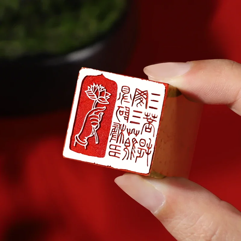 Natural Stone Finished Stamps Seals Carving Prajna Paramita Sutra and Buddha Statue Seal Square Chinese Style Calligraphy Stamp