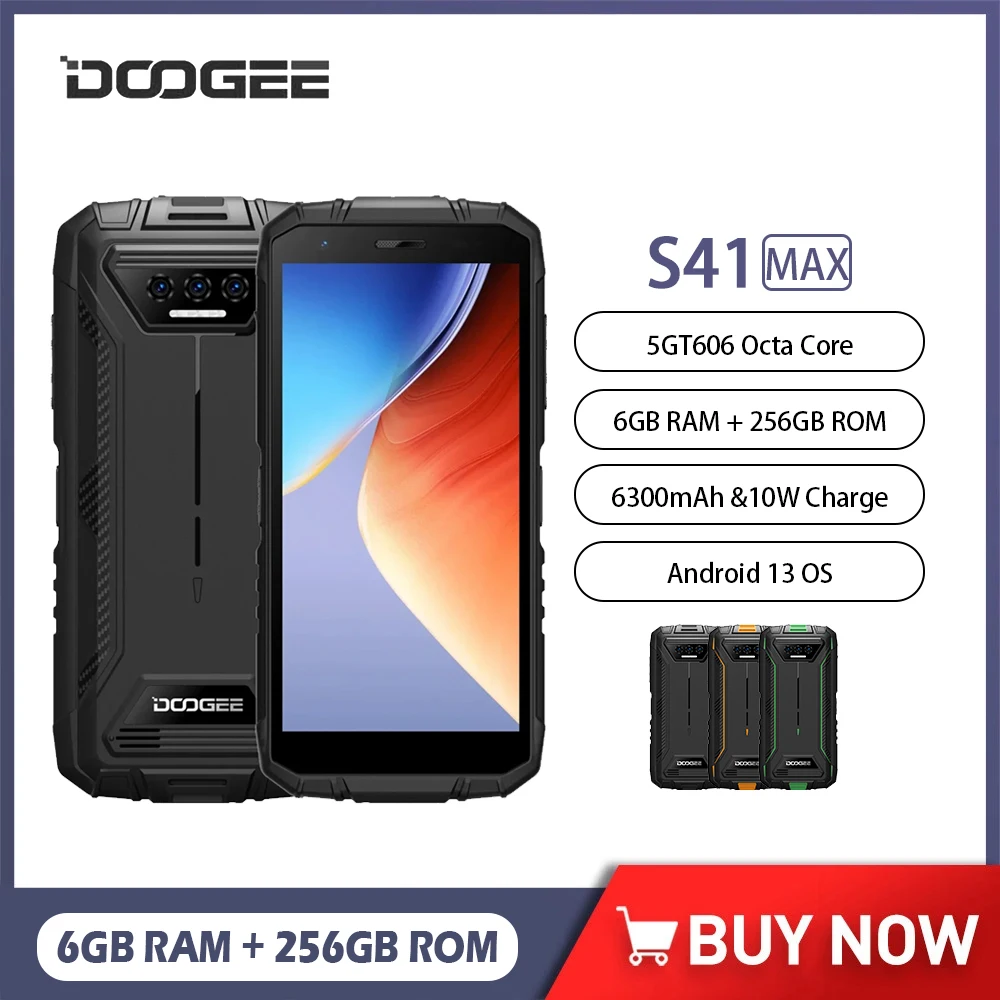 DOOGEE S41 Max 4G Rugged Smartphone Android 13 5.5 Inch HD+ 6GB RAM+256GB ROM Mobile Phone 13MP 6300mAh NFC Cell Phone On Sale