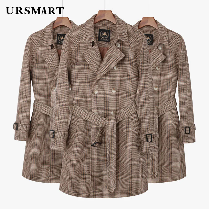 Men's Classic Thousand Bird Plaid Wool Coat Medium length Double breasted British Style Detachable Down Tank Coat for Men