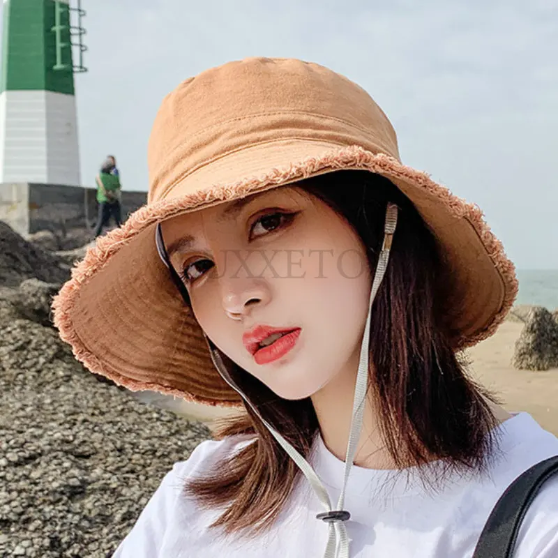 Cotton Dome Top Sun Bucket Hats Solid Panama Women Summer Caps Wide Brim Foldable Outdoor Travel Hat Anti-UV Beach Caps Bonnet