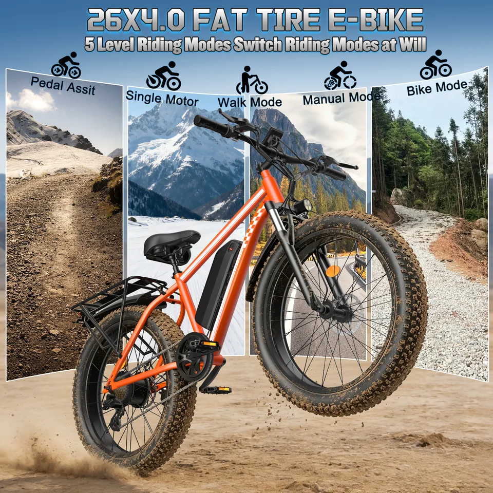OBX Peak 1000W Electric Bicycle 48V 15Ah Battery 32mph E-Bike with 26x4 Inch Off-Road Tires Mountain Ebike Snowmobile Bike image 2
