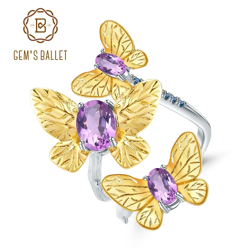 

GEM'S BALLET 925 Sterling Silver Handmade Gemstones Ring Fine Jewelry 2.04Ct Natural Amethyst Adjustable Open Rings for Women