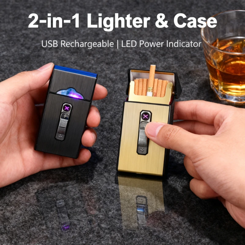 

2 in 1 Cigarette Case with Lighter - Holds 20 Slim Cigarettes, USB Rechargeable, Pulse Arc Igniter, Flameless Windproof