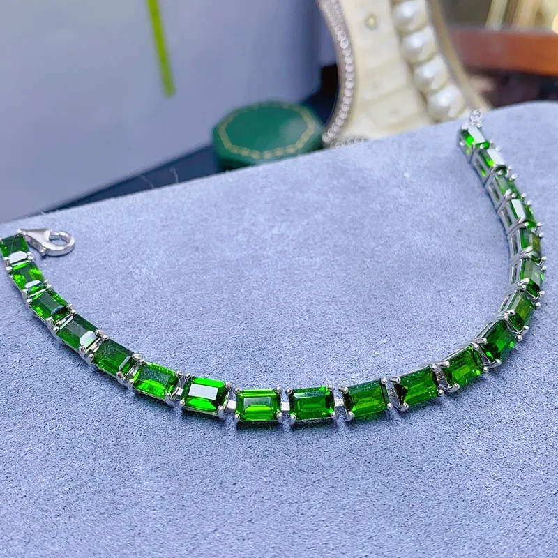 

925 Silver Natural Diopside Bracelet, Women's Small Octagon 6x4mm Gemstone Chain, Green Crystal Jewelry with Certification