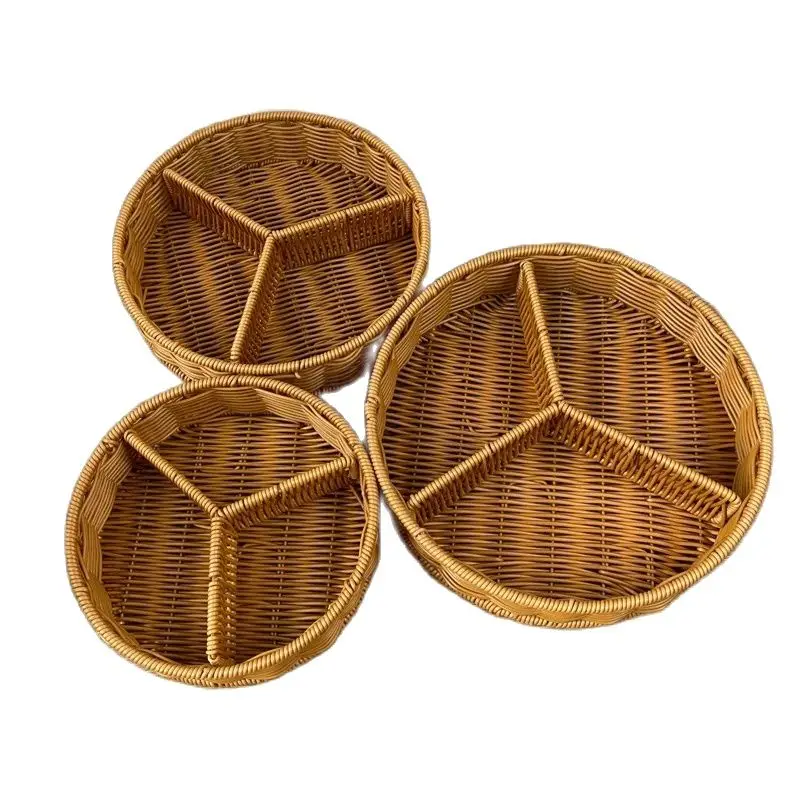 

ins rattan basket split basket divided basket table fruit tray imitation rattan woven basket round three-cell snack basket snack