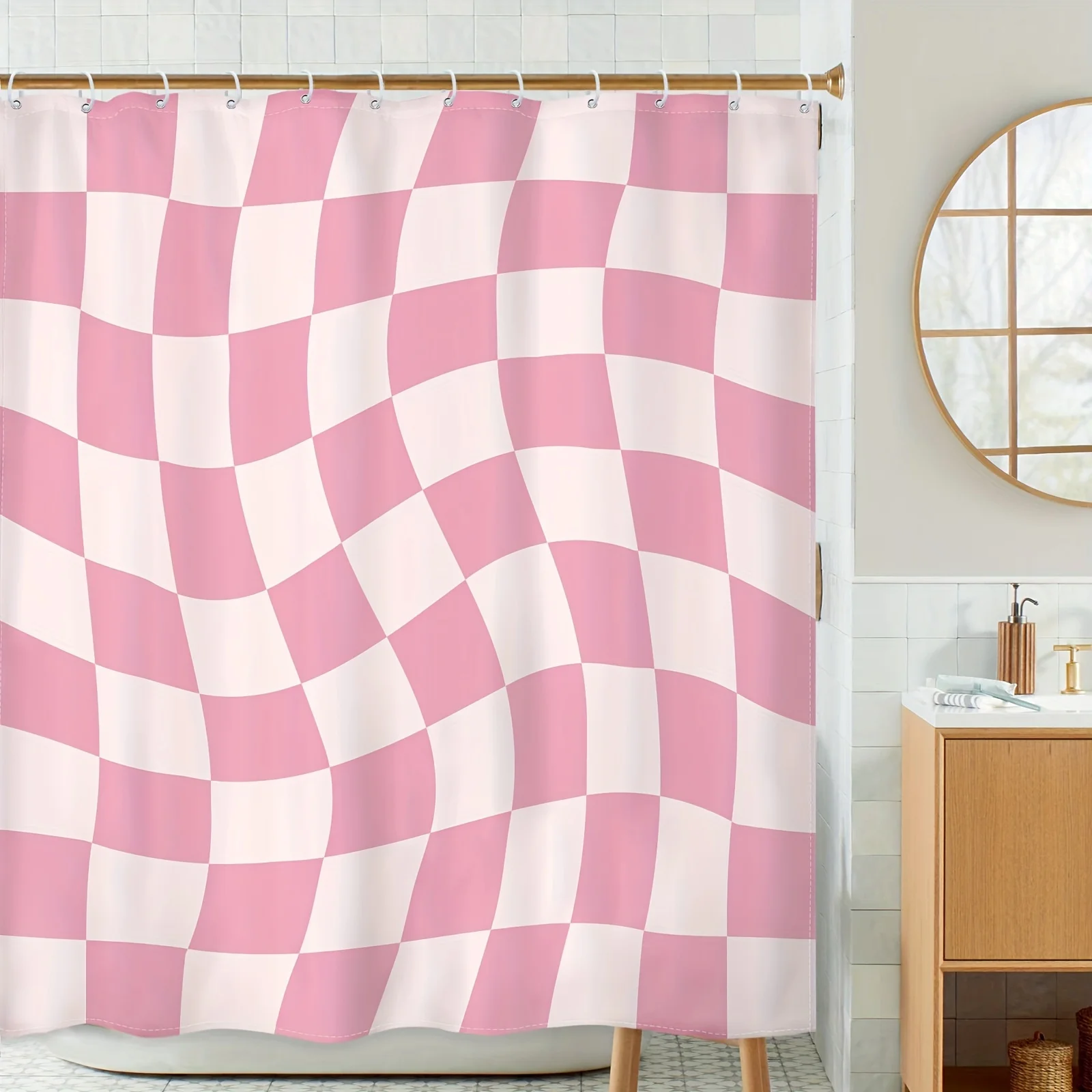 

1pc Pink Abstract Grid Print, Waterproof Polyester With 12 Plastic , Bathtub Partition, Modern Minimalist Bathroom Decor, Bathro