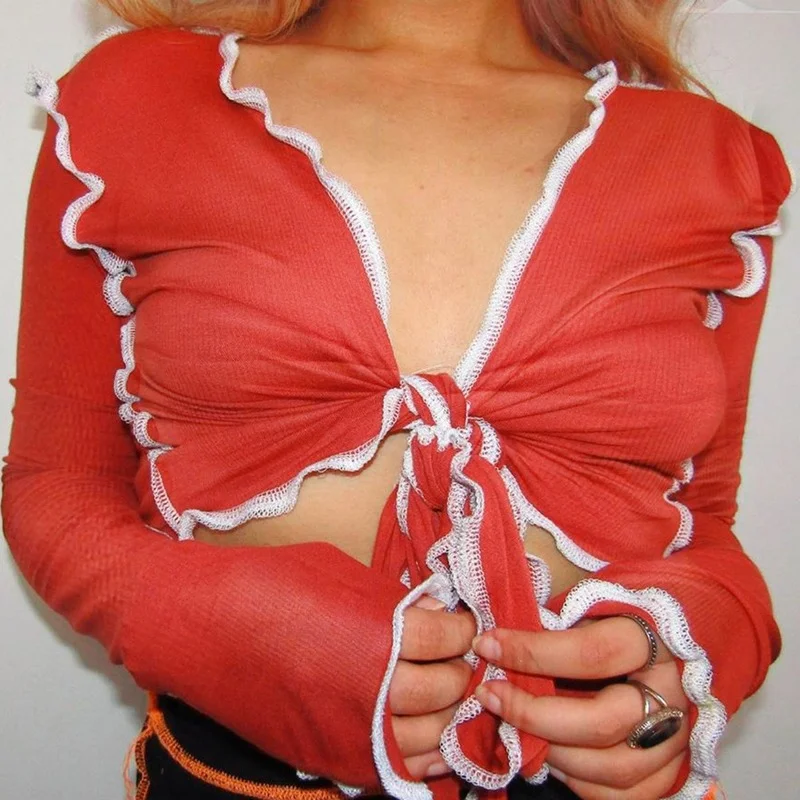 

2023 Women Long Sleeve Sweet Large Bow Red Crop Tops E Girl T Shirt Y2k Sexy V-Neck Solid Streetwear Fashion Slim T-shirt Mujer