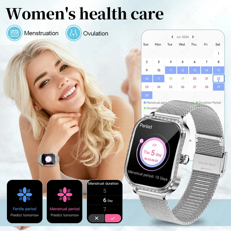 Lige novo smartwatch feminino 1.75 polegadas tela bluetooth chamada monitoramento de oxigênio no sangue senhora relógio à prova dwaterproof água relógio inteligente feminino 2024