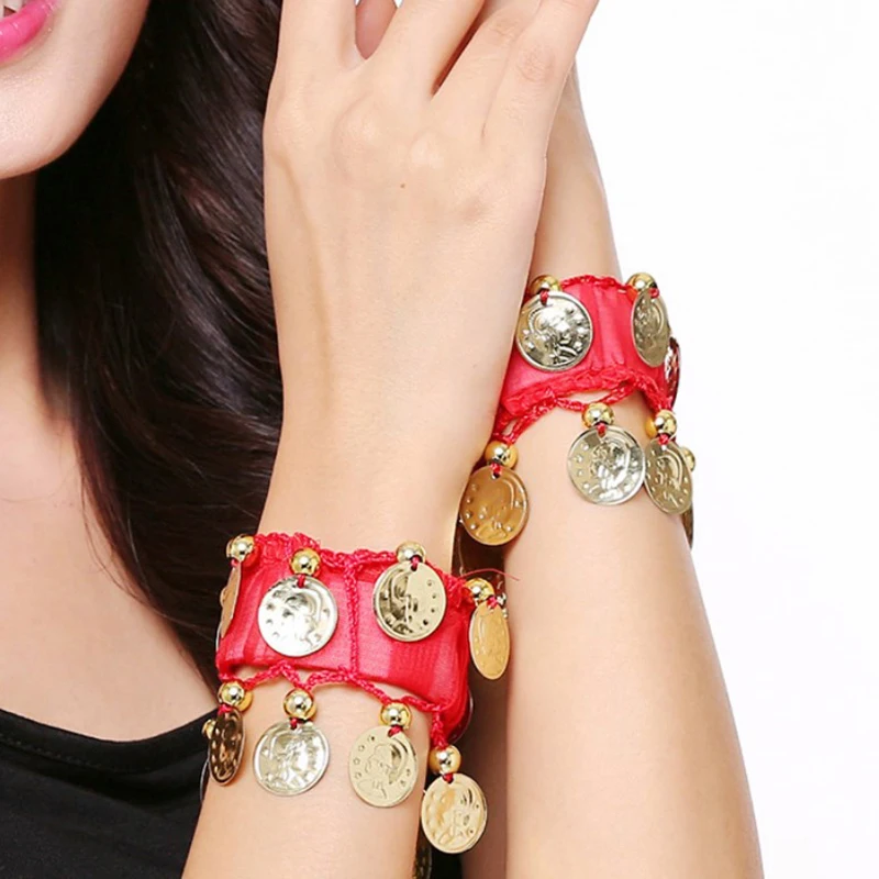 1Pcs Belly Dance Metal Coin Bracelets Belly Dancing Wrist Ankle Cuffs Bracelets Chiffon Gold Coin Belly Dance Accessories