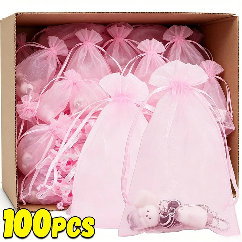 10-100pcs Soft Pink Organza Drawstring Jewelry Bags for Earring Favor Wrapping Packing Pouch Wedding Candy Bags Jewelry Packing