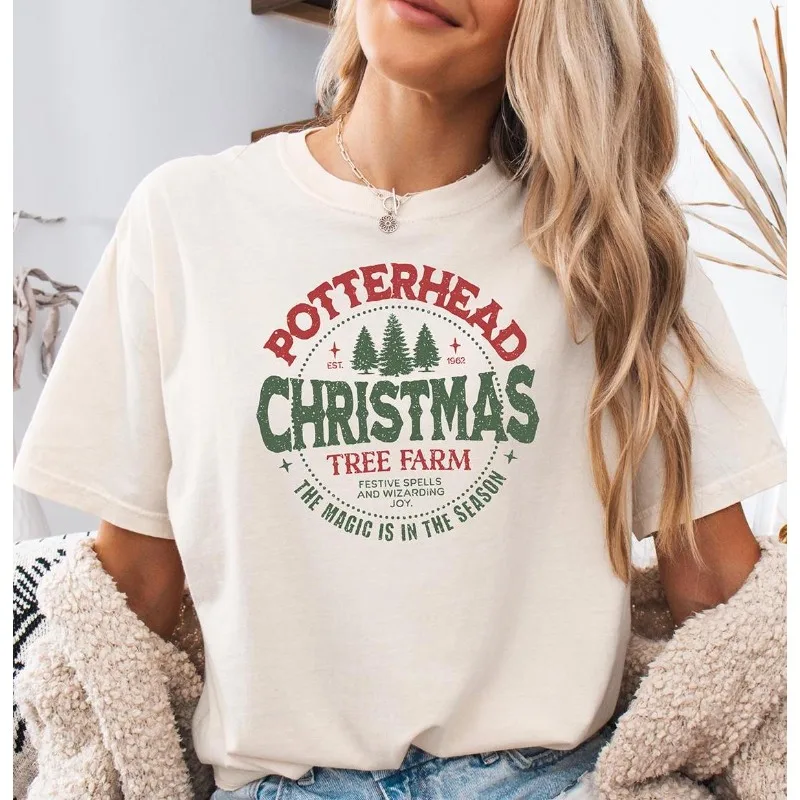 Camiseta de granja de árboles de Navidad con temática de Harry Potter, informal de algodón puro para todas las estaciones, adecuada tanto para hombres como para mujeres